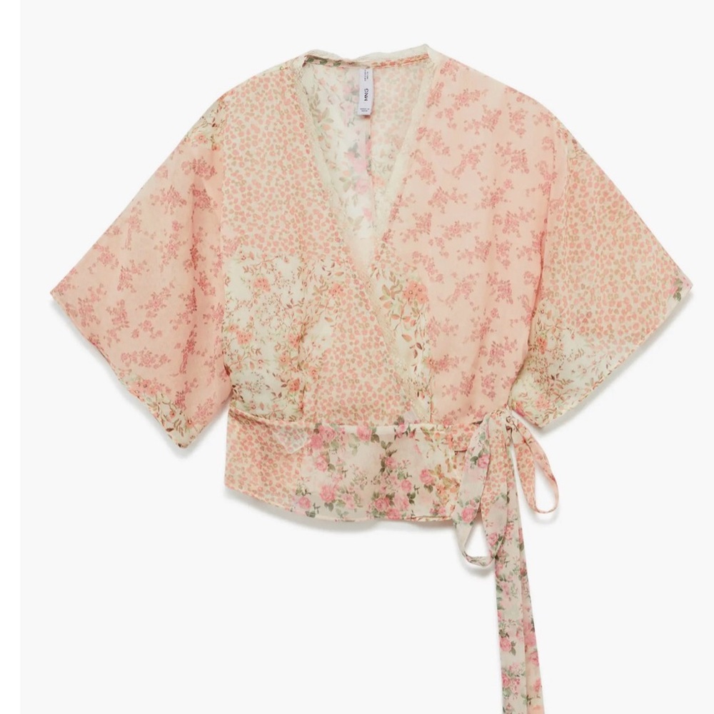 MANGO Floral Fluttery Sleeve Wrap Top